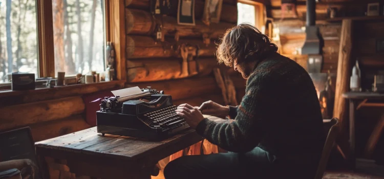 A creative man sitting at a desk with a typewriter on it while sitting in a log cabin