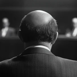 a balding man, seen from behind, sitting in a courtroom in the early 1960s and facing four men across the room