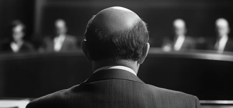 a balding man, seen from behind, sitting in a courtroom in the early 1960s and facing four men across the room