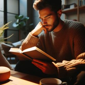 A young bearded man in a cozy living room sitting on a couch and thoughtfully reading a book