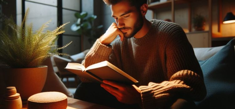 A young bearded man in a cozy living room sitting on a couch and thoughtfully reading a book