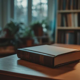 A blank book sitting on a desk next to a lamp