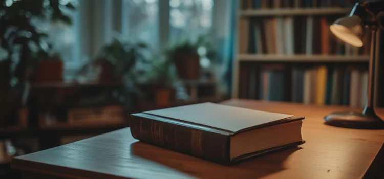 A blank book sitting on a desk next to a lamp