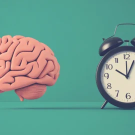 A cartoon of a brain next to a clock, showing the psychology of procrastination