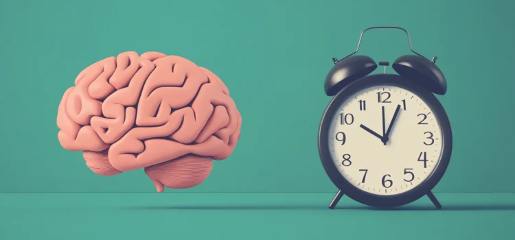 A cartoon of a brain next to a clock, showing the psychology of procrastination