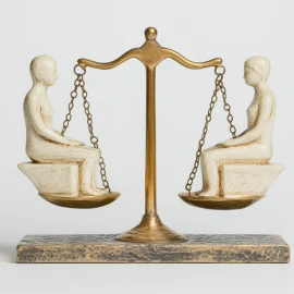 A brass scale with a statue of a person on each side, representing customer ranking