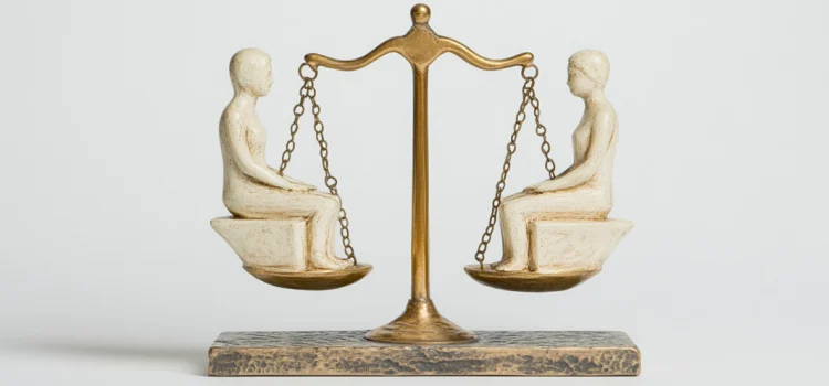 A brass scale with a statue of a person on each side, representing customer ranking