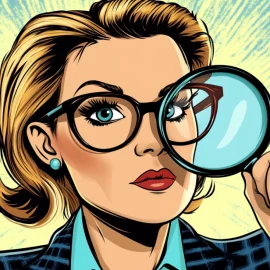 A female business leader looking through a magnifying glass to embrace perception in leadership