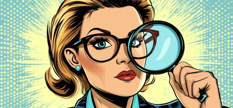 A female business leader looking through a magnifying glass to embrace perception in leadership