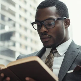 A business leader in a suit and tie wearing glasses, reading a book in front of a window of a skyscraper building