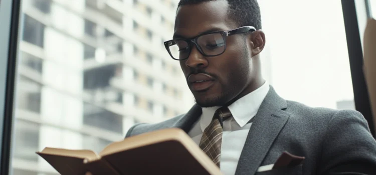 A business leader in a suit and tie wearing glasses, reading a book in front of a window of a skyscraper building