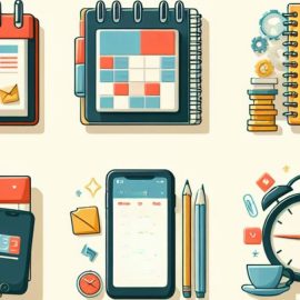 a montage of calendars, clocks, and smart devices illustrate a weekly work schedule