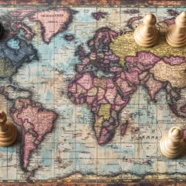 chess pieces on a world map illustrate different approaches to international politics