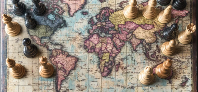 chess pieces on a world map illustrate different approaches to international politics