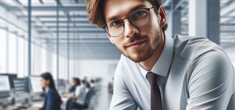 a manager with a beard, eyeglasses, and a necktie and a team working in the background depicts ways to empower employees