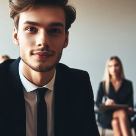 a young man in a business suit in front of people ready for an interview illustrates how to hire for startups