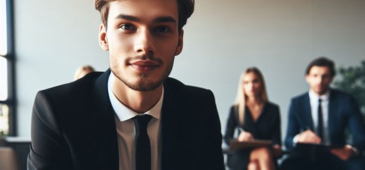 a young man in a business suit in front of people ready for an interview illustrates how to hire for startups