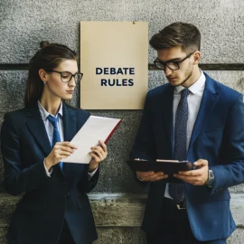 Two people in professional attire looking over the principles of debate in front of a poster that reads "DEBATE RULES"