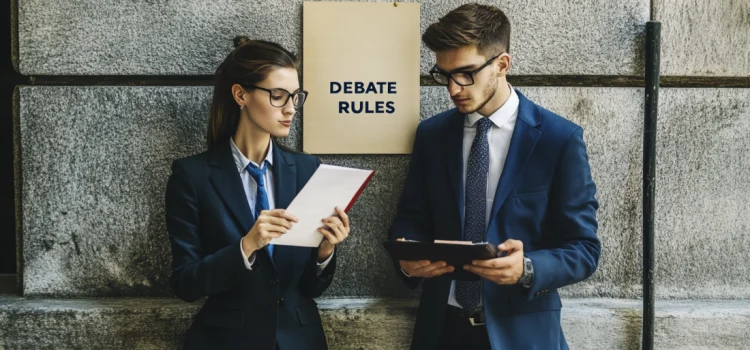 Two people in professional attire looking over the principles of debate in front of a poster that reads "DEBATE RULES"