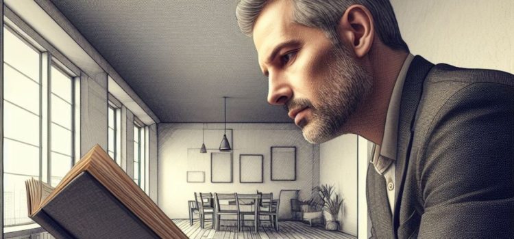 a drawing of a bearded professional middle-aged man reading a book in a room with a table at the far end and large windows