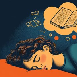 A sleeping girl dreaming of a book and learning in her sleep