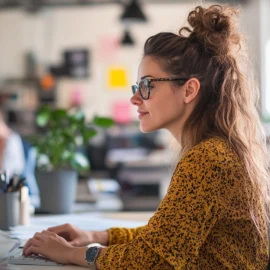 An employee smiling and working on the computer while practicing employee leadership