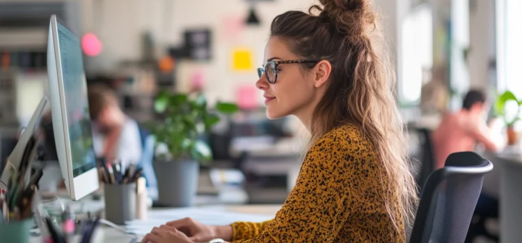 An employee smiling and working on the computer while practicing employee leadership