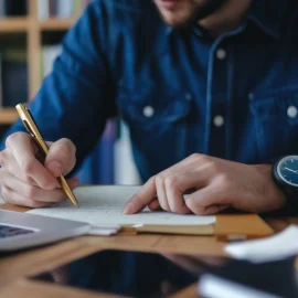 a man wearing a watch and sitting at a desk and writing on a calendar illustrates an entrepreneur's schedule