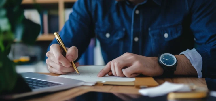 a man wearing a watch and sitting at a desk and writing on a calendar illustrates an entrepreneur's schedule