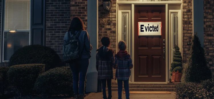 A mother and two children stand outside a house that has an "Evicted" sign on the door