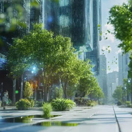 An advanced futuristic city during the Fifth Industrial Revolution that's full of greenery and trees