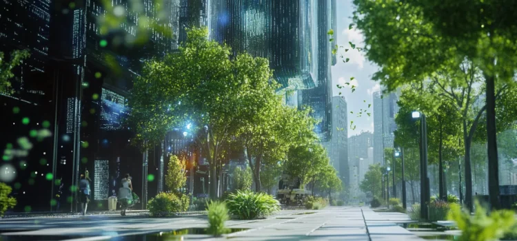 An advanced futuristic city during the Fifth Industrial Revolution that's full of greenery and trees