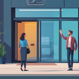 A man waving goodbye at a customer outside a building, showing how to fire a customer