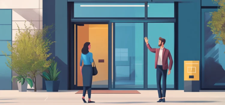 A man waving goodbye at a customer outside a building, showing how to fire a customer