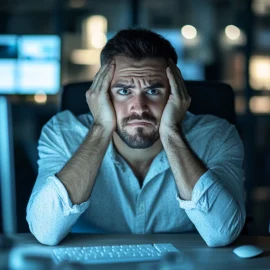 a frustrated man working at a computer illustrates the challenges of artificial intelligence and language