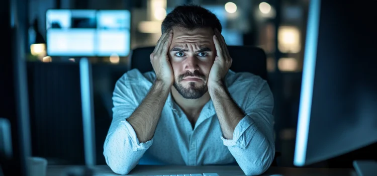 a frustrated man working at a computer illustrates the challenges of artificial intelligence and language