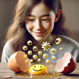 a smiling girl looking at a broken eggshell with smiley faces bursting out of it depicts the benefits of making mistakes