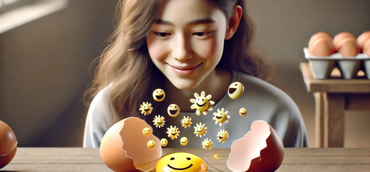 a smiling girl looking at a broken eggshell with smiley faces bursting out of it depicts the benefits of making mistakes