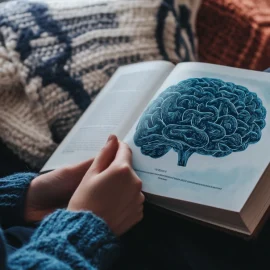 A girl on a couch reading a book that has a drawn image of a brain on the page