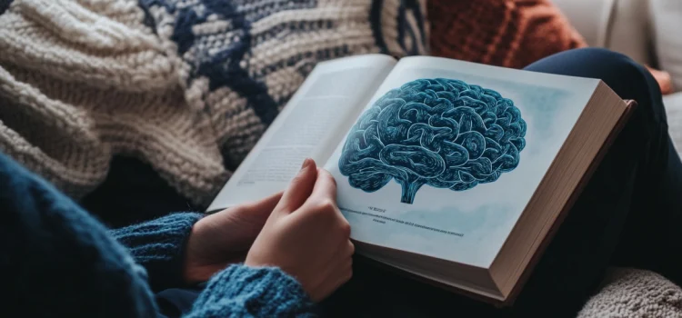 A girl on a couch reading a book that has a drawn image of a brain on the page