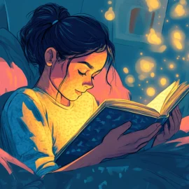 A cartoon image of a girl reading a book in bed, magical sparkles come from the book