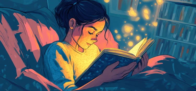 A cartoon image of a girl reading a book in bed, magical sparkles come from the book