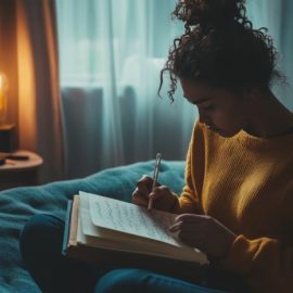 A girl writing in a journal in bed to prepare for lucid dreaming