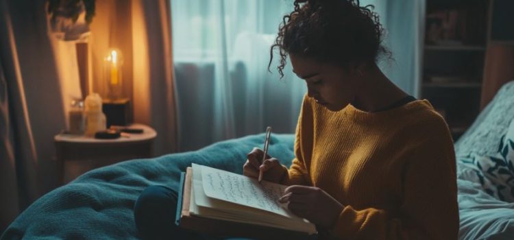 A girl writing in a journal in bed to prepare for lucid dreaming