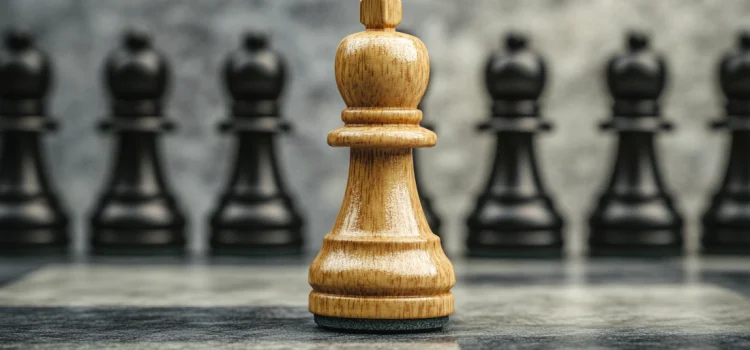 A gold chess piece on the board with other black pieces as a metaphor for entrepreneurs learning how to make their product unique