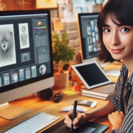 a graphic designer working at a computer with several electronic devices on her desk depicts the importance of AI standards