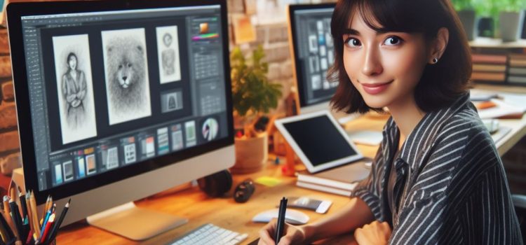 a graphic designer working at a computer with several electronic devices on her desk depicts the importance of AI standards