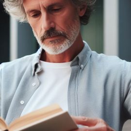 a bearded middle-aged man with grey hair reading a book outside with a building in the background