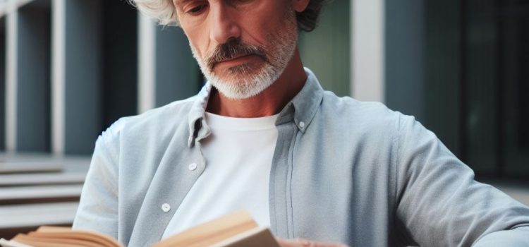 a bearded middle-aged man with grey hair reading a book outside with a building in the background