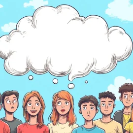 a cartoon of a group of people all sharing only one thought bubble over their heads illustrates group consensus